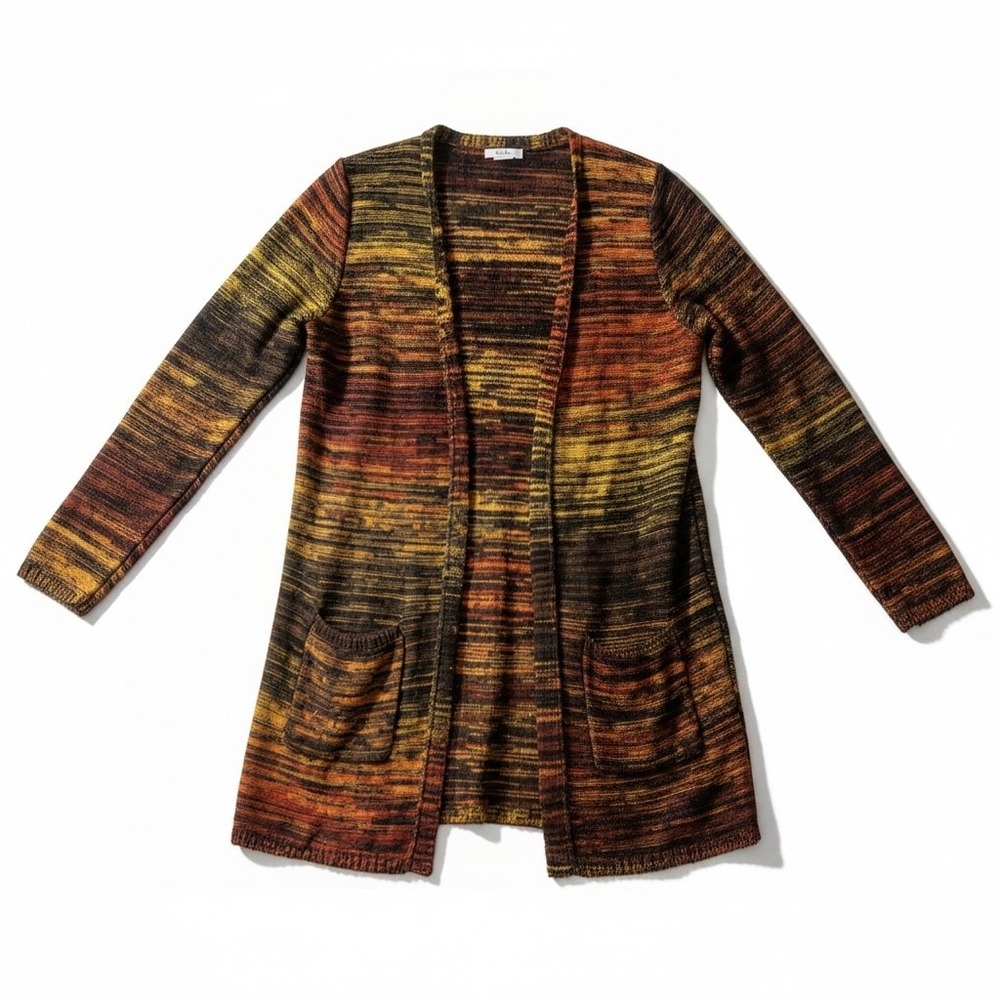 Isela Space Dye Open Front Cardigan Orange Yellow Large Long Sleeve Pockets Boho